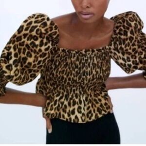 Zara Leopard Print Puff Sleeve Crop Top - Brown & Black